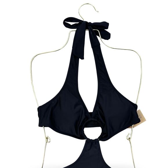 Hilinker Black Cutout Halter One-Piece Swimsuit with High-Waisted Shorts Size S - Picture 2 of 7